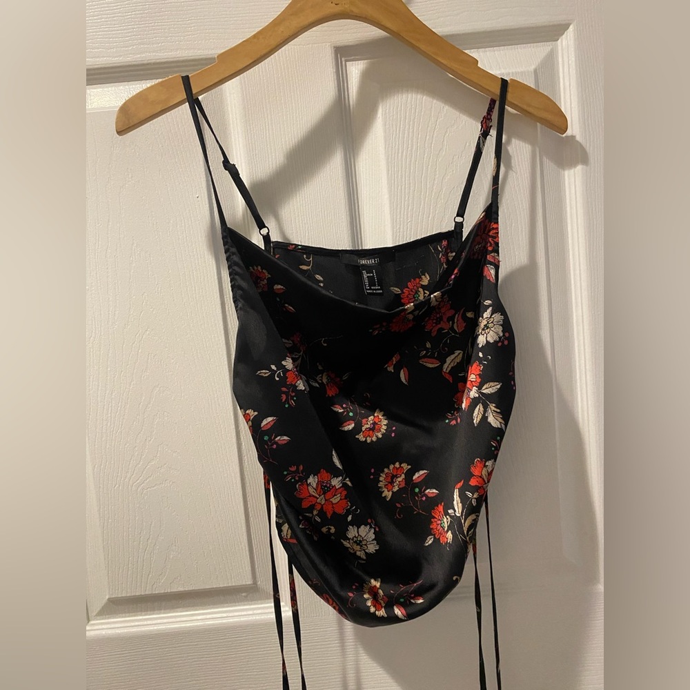 NWOT Black Satin Oriental Print Longline Cropped and Synched Camisole Top Size S